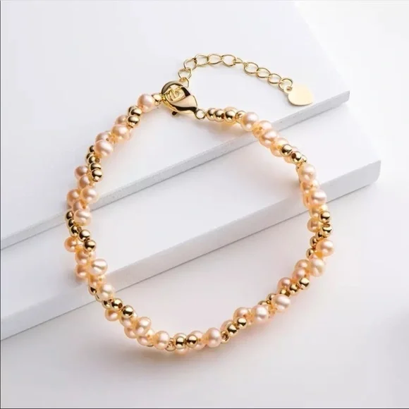 14K Gold Filled layered Bracelet 4-5mm Pink Pearl hypoallergenic tarnish free - Picture 3 of 7